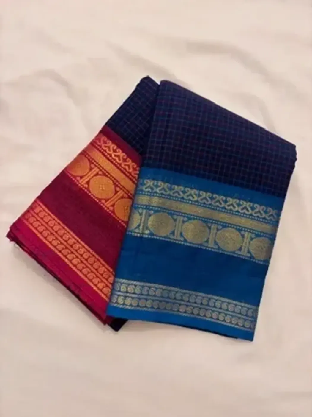 korvai cotton dark blue saree with dark pink and blue border — 3