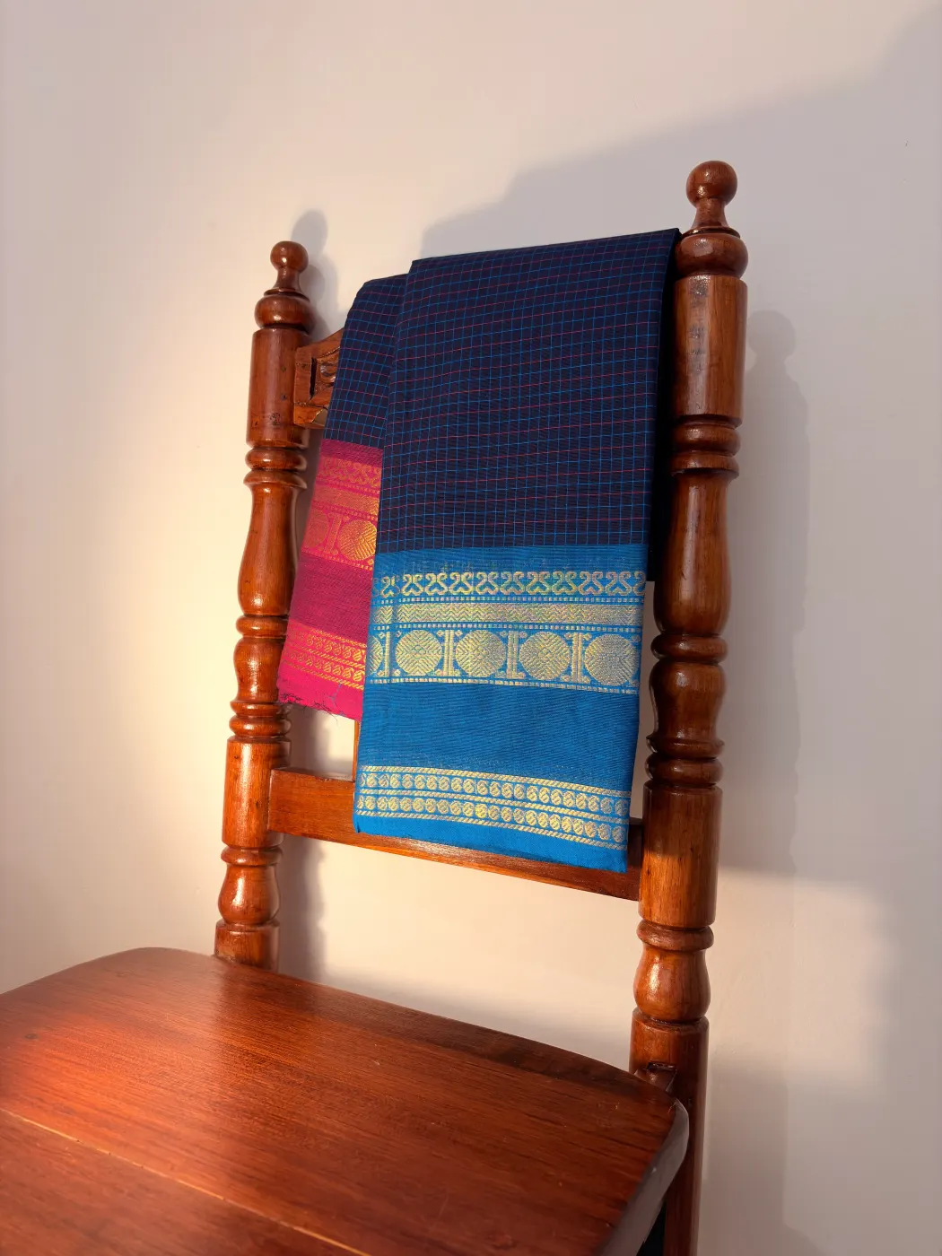 korvai cotton dark blue saree with dark pink and blue border — 2