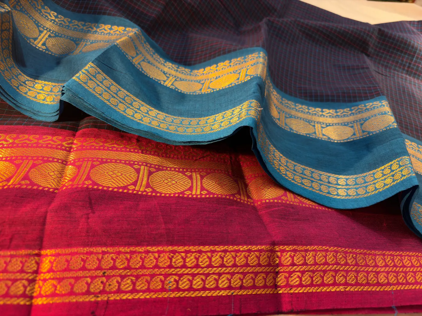 korvai cotton dark blue saree with dark pink and blue border — 4