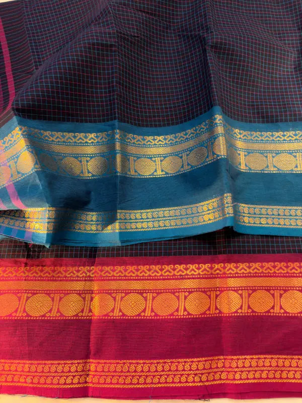korvai cotton dark blue saree with dark pink and blue border