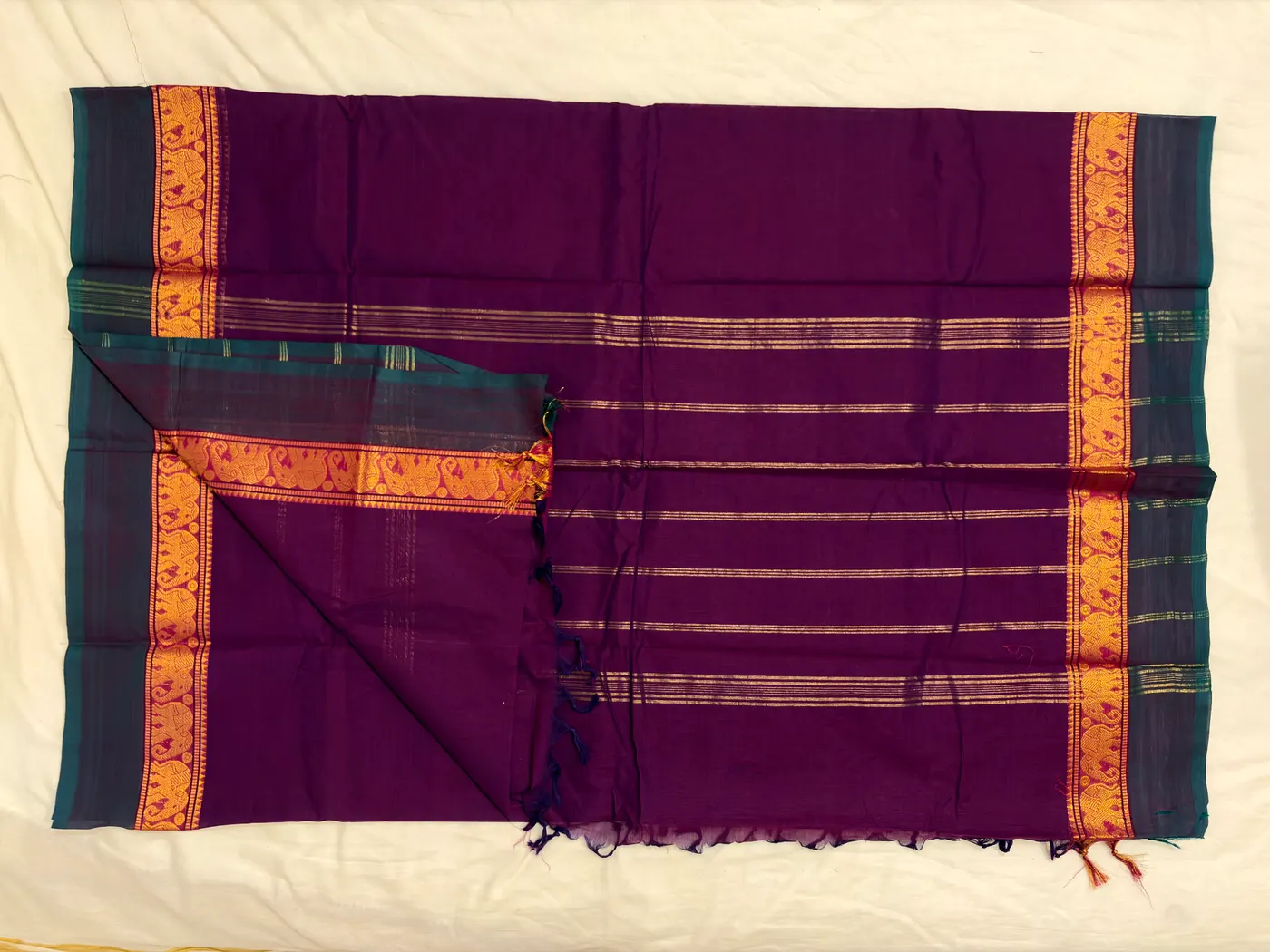Kanchi Cotton Purple Saree with Gold Border — 3