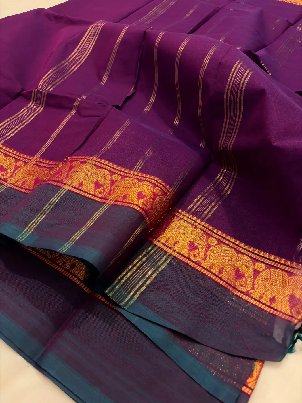 Kanchi Cotton Purple Saree with Gold Border — 4
