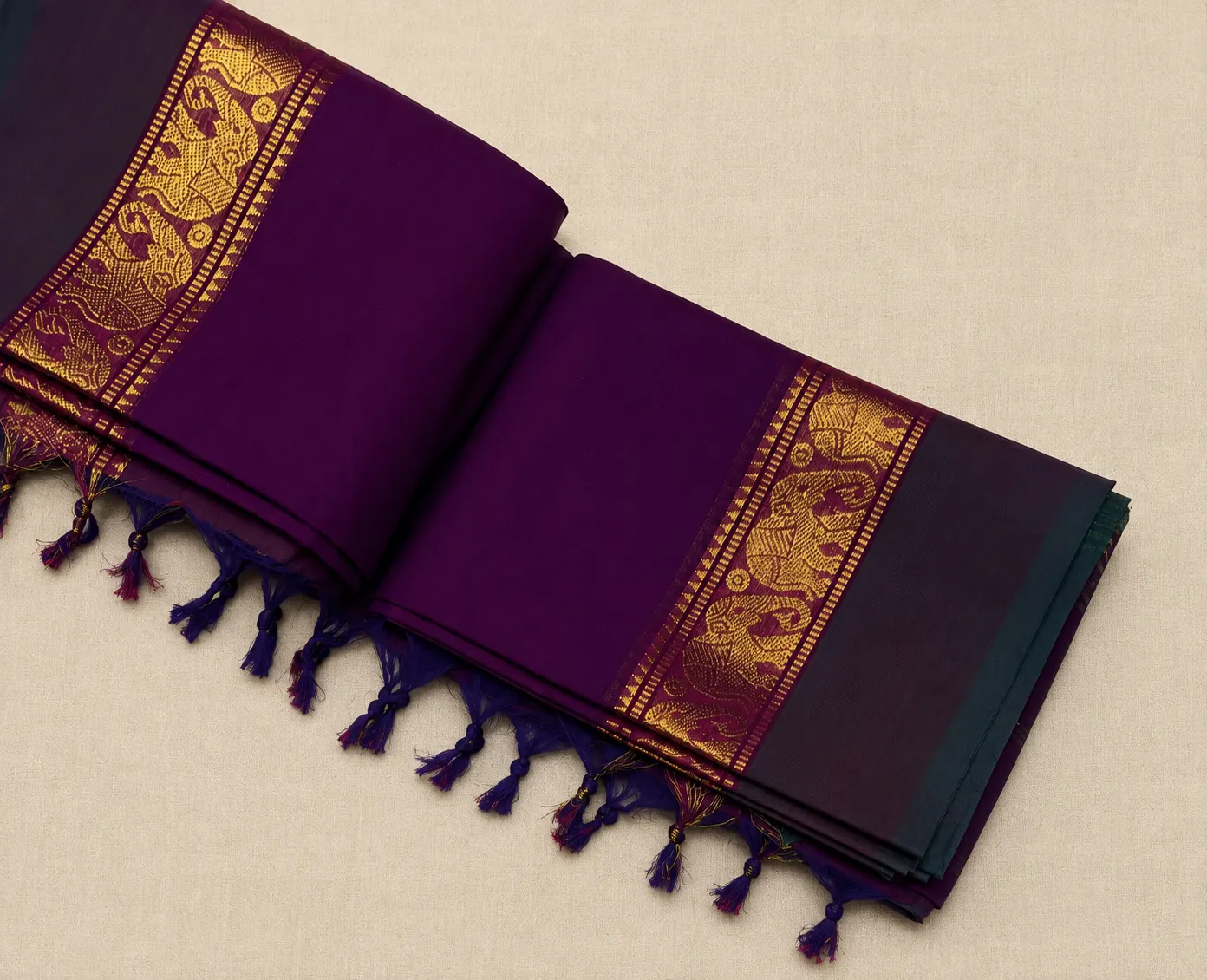 Kanchi Cotton Purple Saree with Gold Border — 1