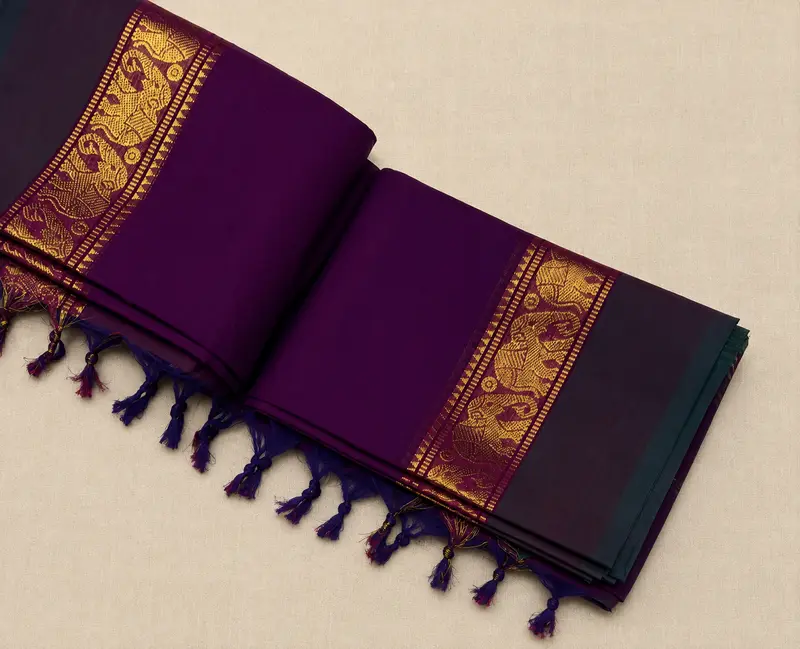 Kanchi Cotton Purple Saree with Gold Border