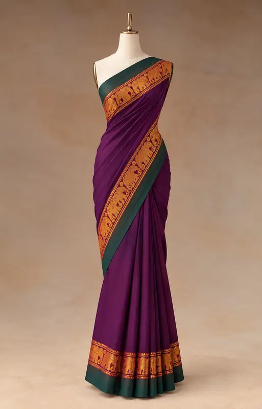 Kanchi Cotton Purple Saree with Gold Border
