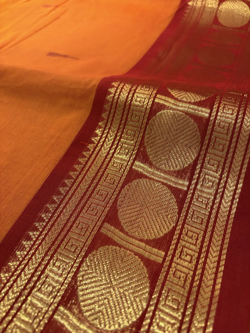 kanchi Cotton orange saree with maroon border and maroon butta — 3
