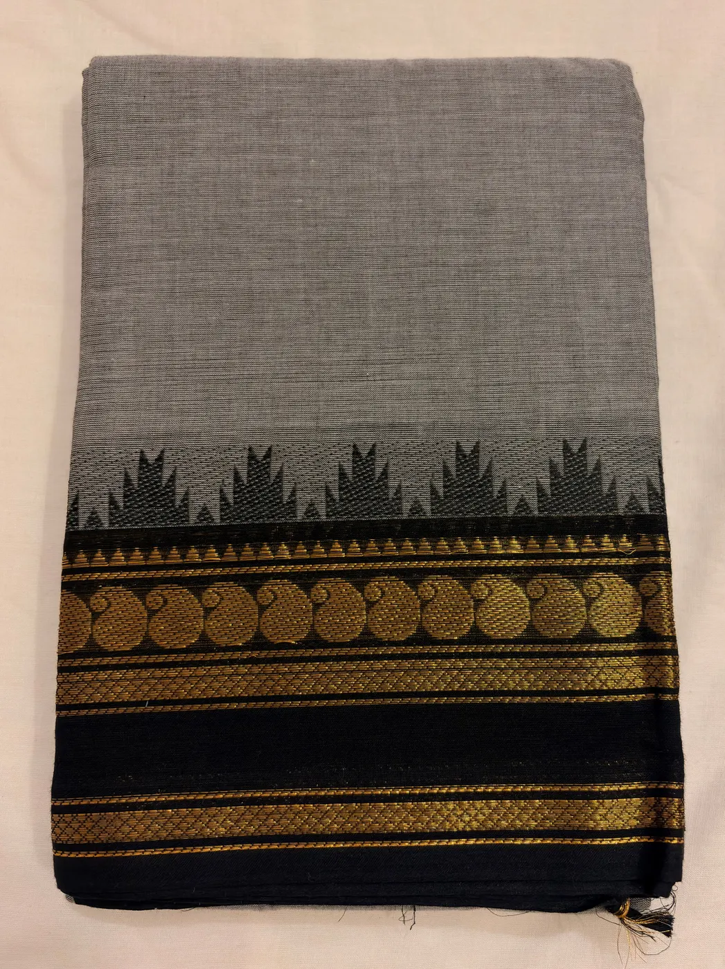 Kanchi Cotton Gray Saree with Black Border — 2