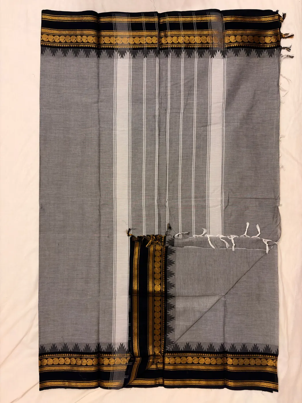 Kanchi Cotton Gray Saree with Black Border — 4