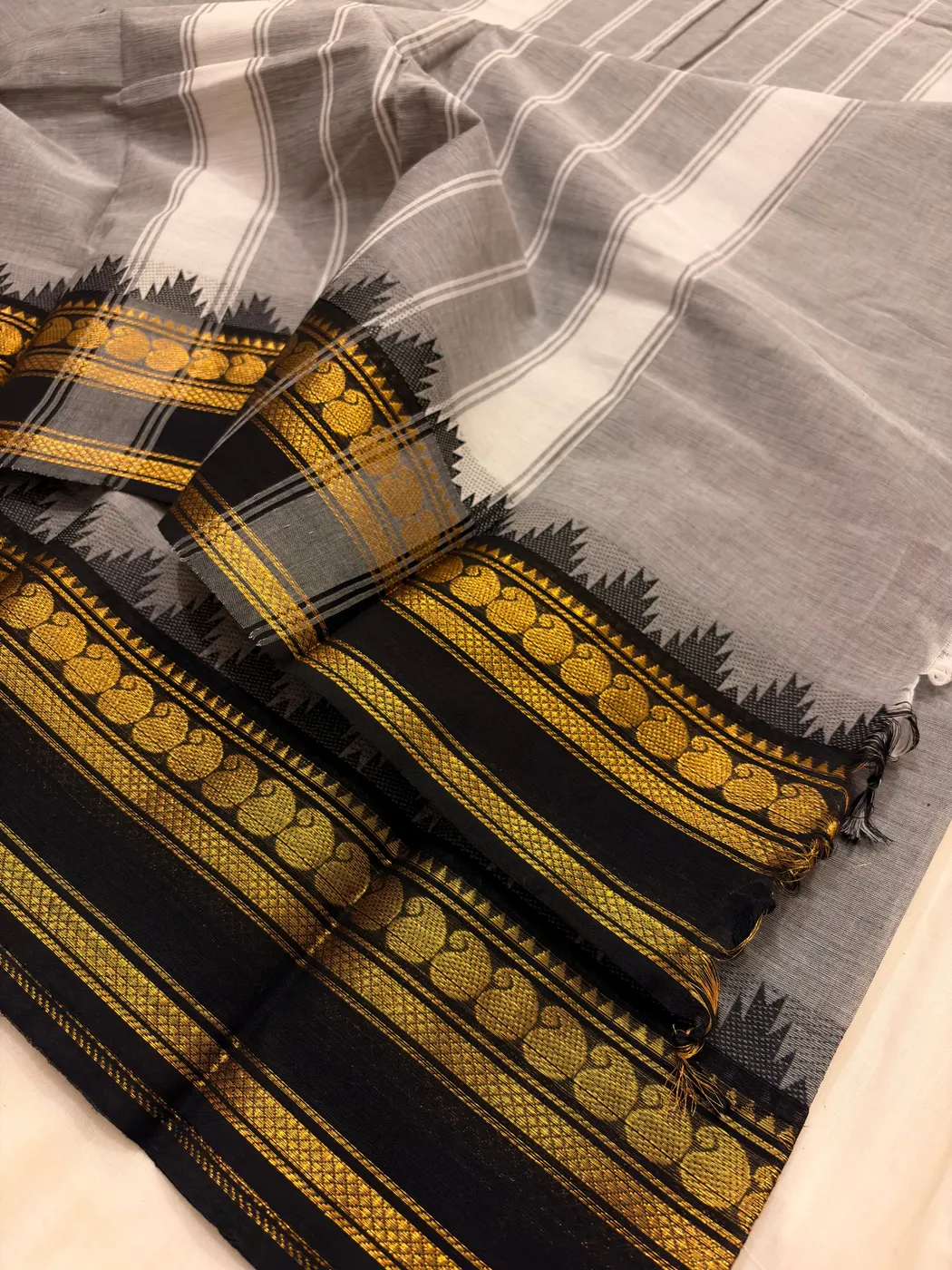 Kanchi Cotton Gray Saree with Black Border — 3