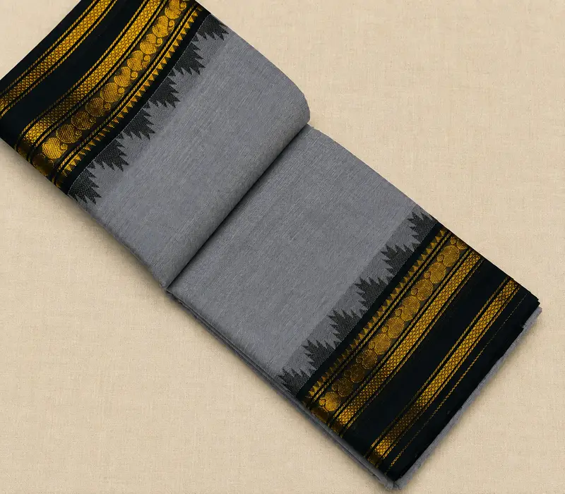 Kanchi Cotton Gray Saree with Black Border