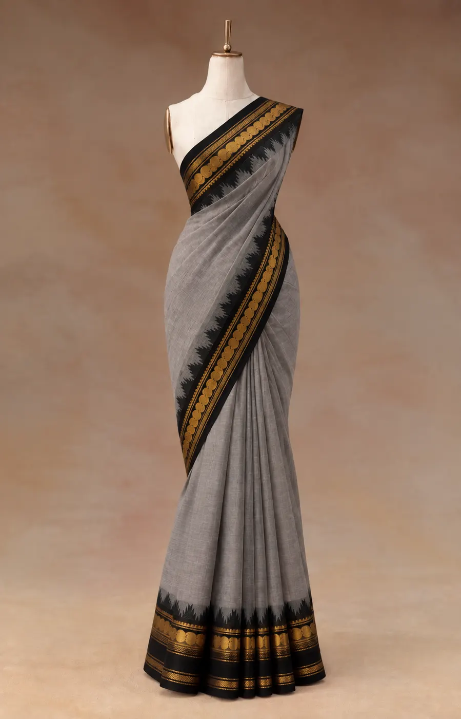 Kanchi Cotton Gray Saree With Black Border — 1