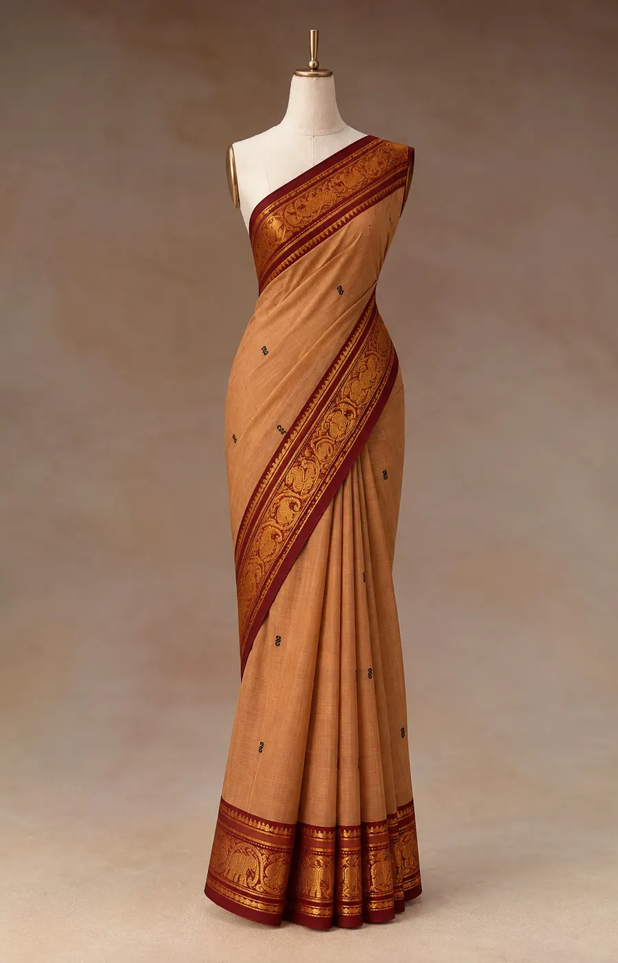 Sandalwood & Maroon Kanchipuram Cotton Saree — 1