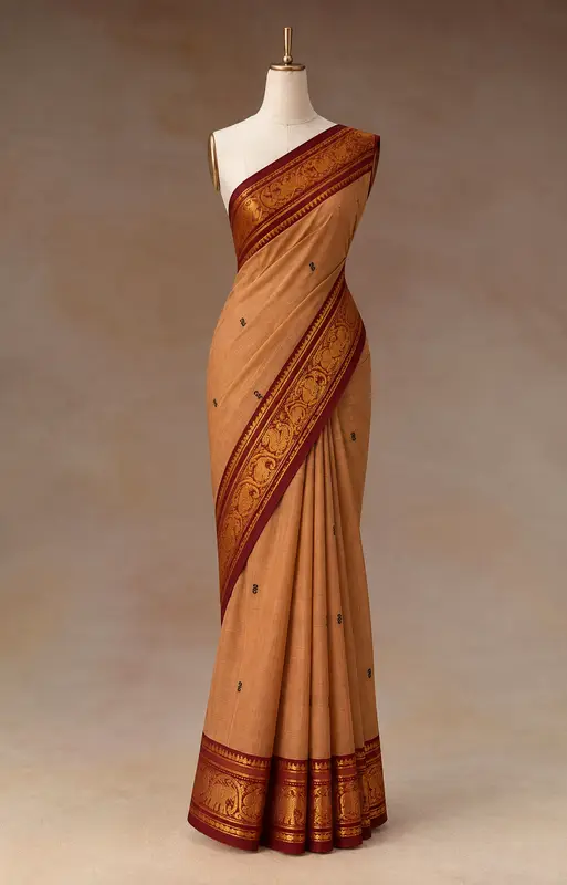 Sandalwood & Maroon Kanchipuram Cotton Saree