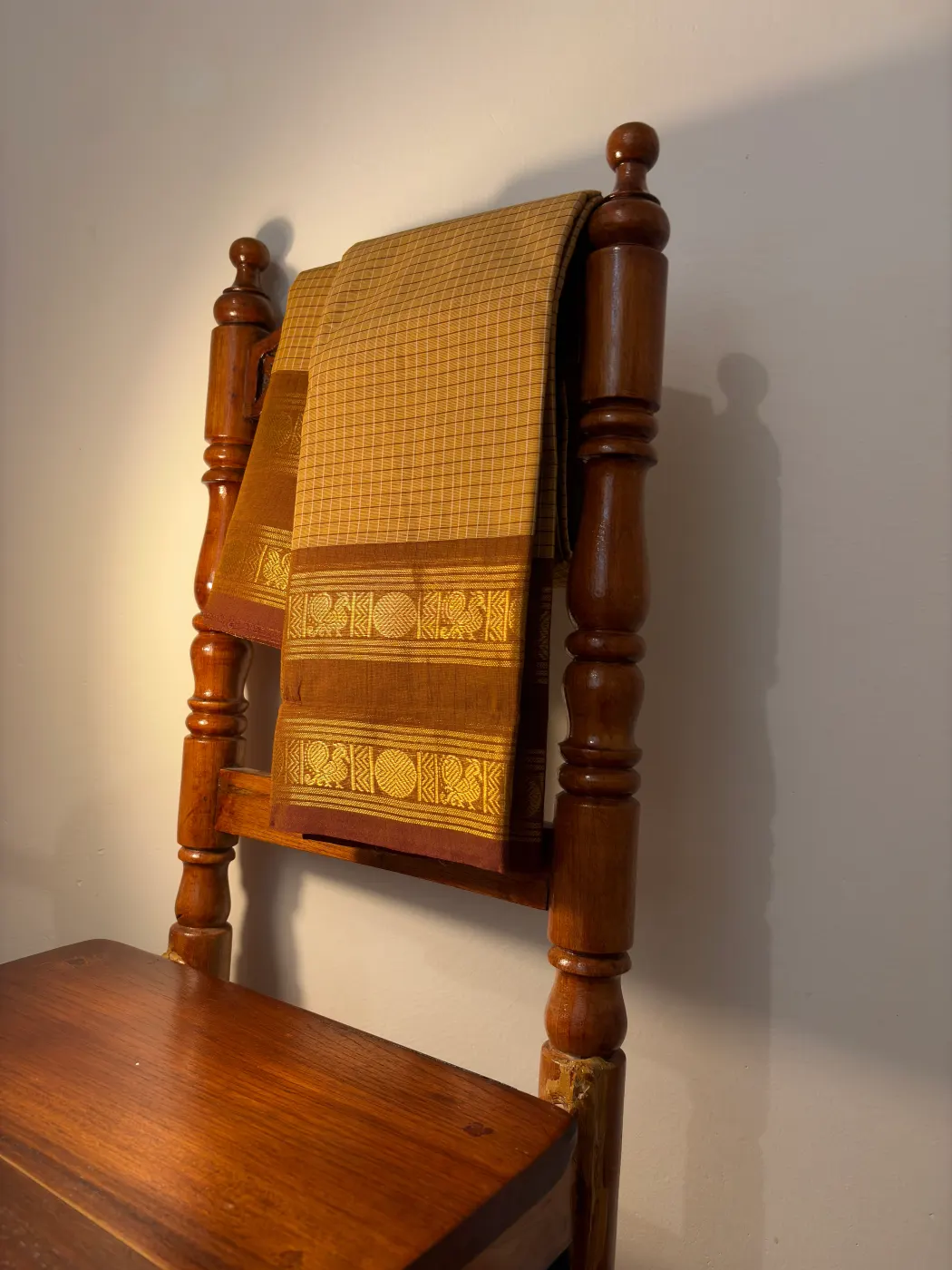 korvai cotton sandalwood saree with brown border — 3