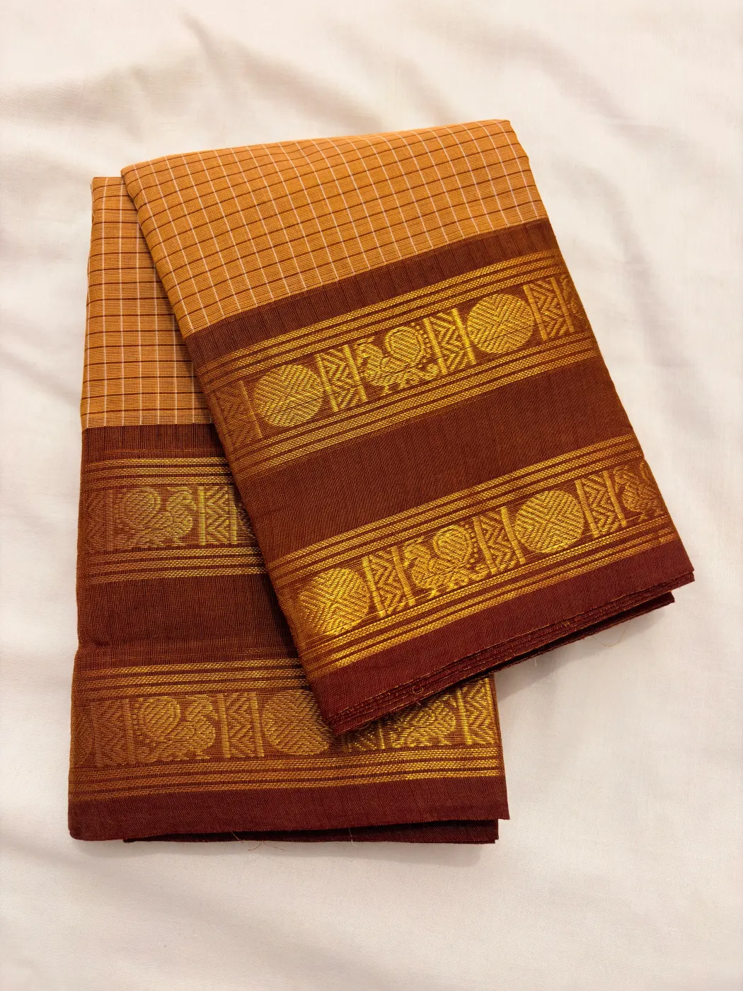 korvai cotton sandalwood saree with brown border — 4