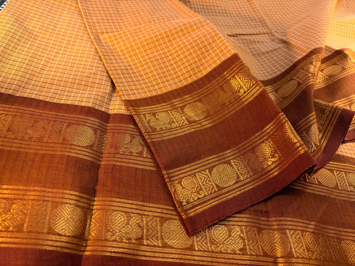 korvai cotton sandalwood saree with brown border — 2