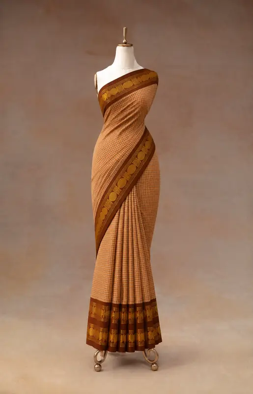 Korvai Cotton Sandalwood Saree With Brown Border