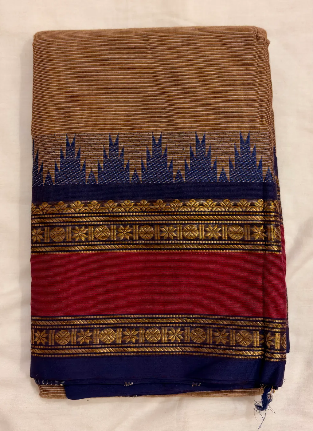 Kanchi Cotton Biscuit Saree body with Blue and Red Border — 2