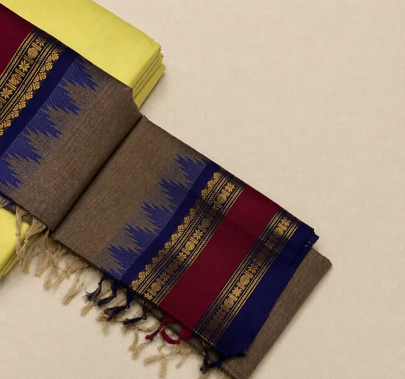 Kanchi Cotton Brown Saree with Blue and Red Border