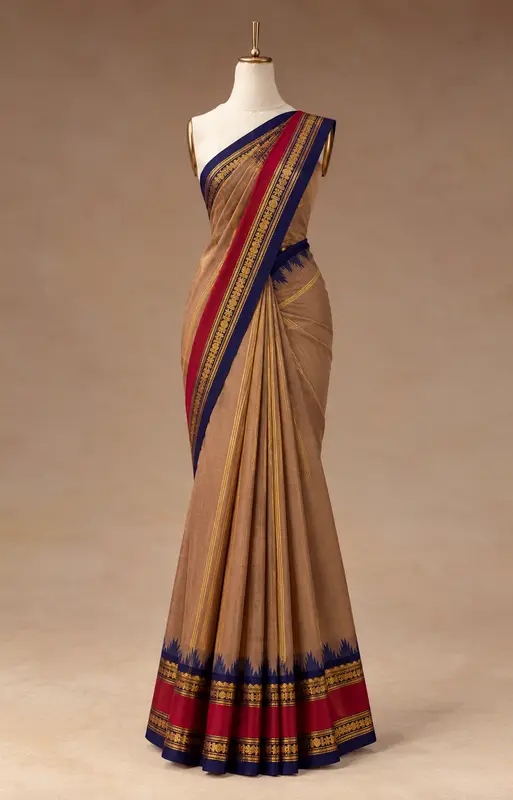 Kanchi Cotton Biscuit Saree body with Blue and Red Border