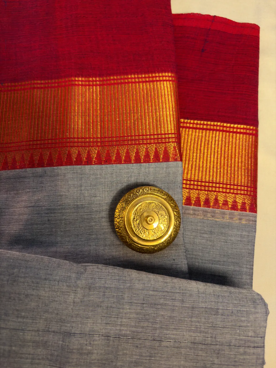 chettinad Cotton blue-gray saree with maroon border — 3