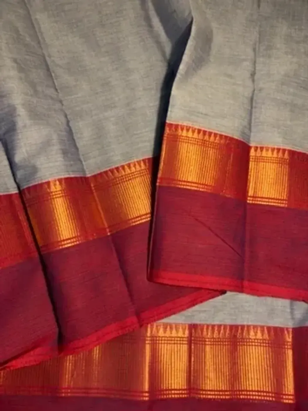 chettinad Cotton blue-gray saree with maroon border — 4