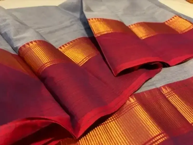 chettinad Cotton blue-gray saree with maroon border