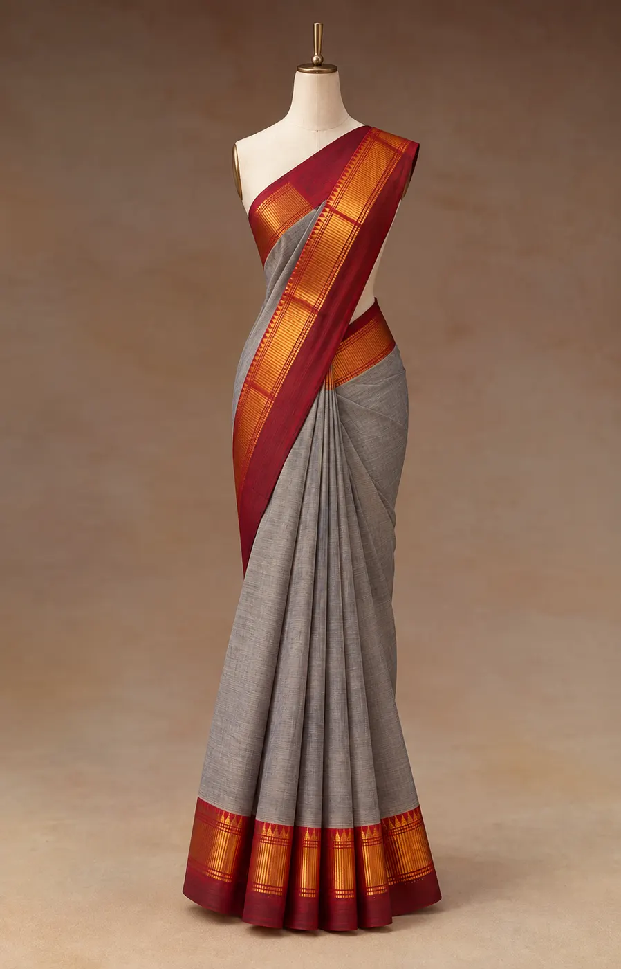 Chettinad Cotton Blue-Gray Saree With Maroon Border — 1