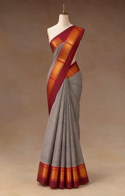 Chettinad Cotton Blue-Gray Saree With Maroon Border