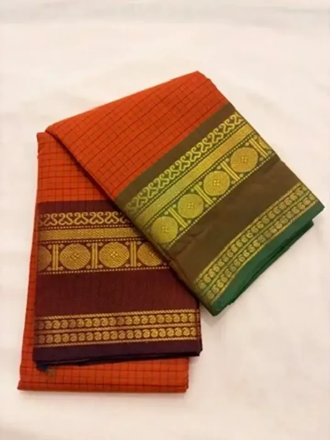 korvai cotton orange saree with green and brown border — 3