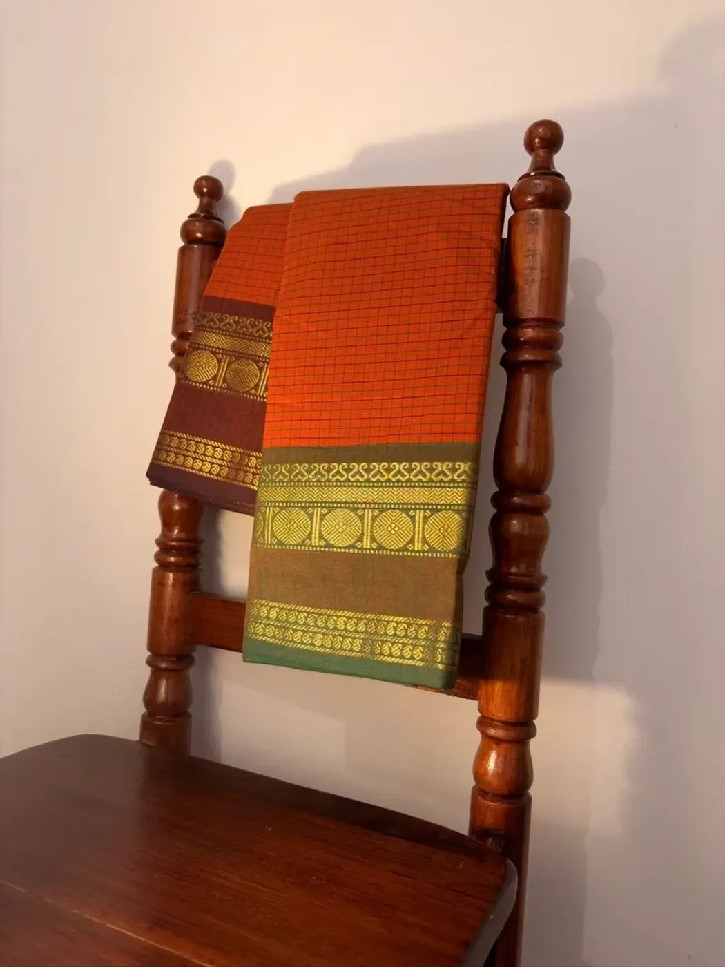korvai cotton orange saree with green and brown border — 2