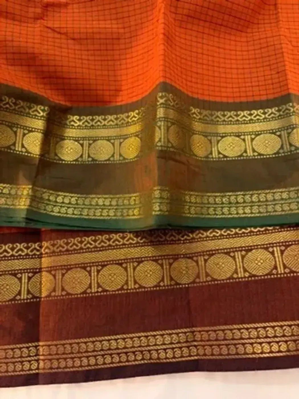 korvai cotton orange saree with green and brown border — 4