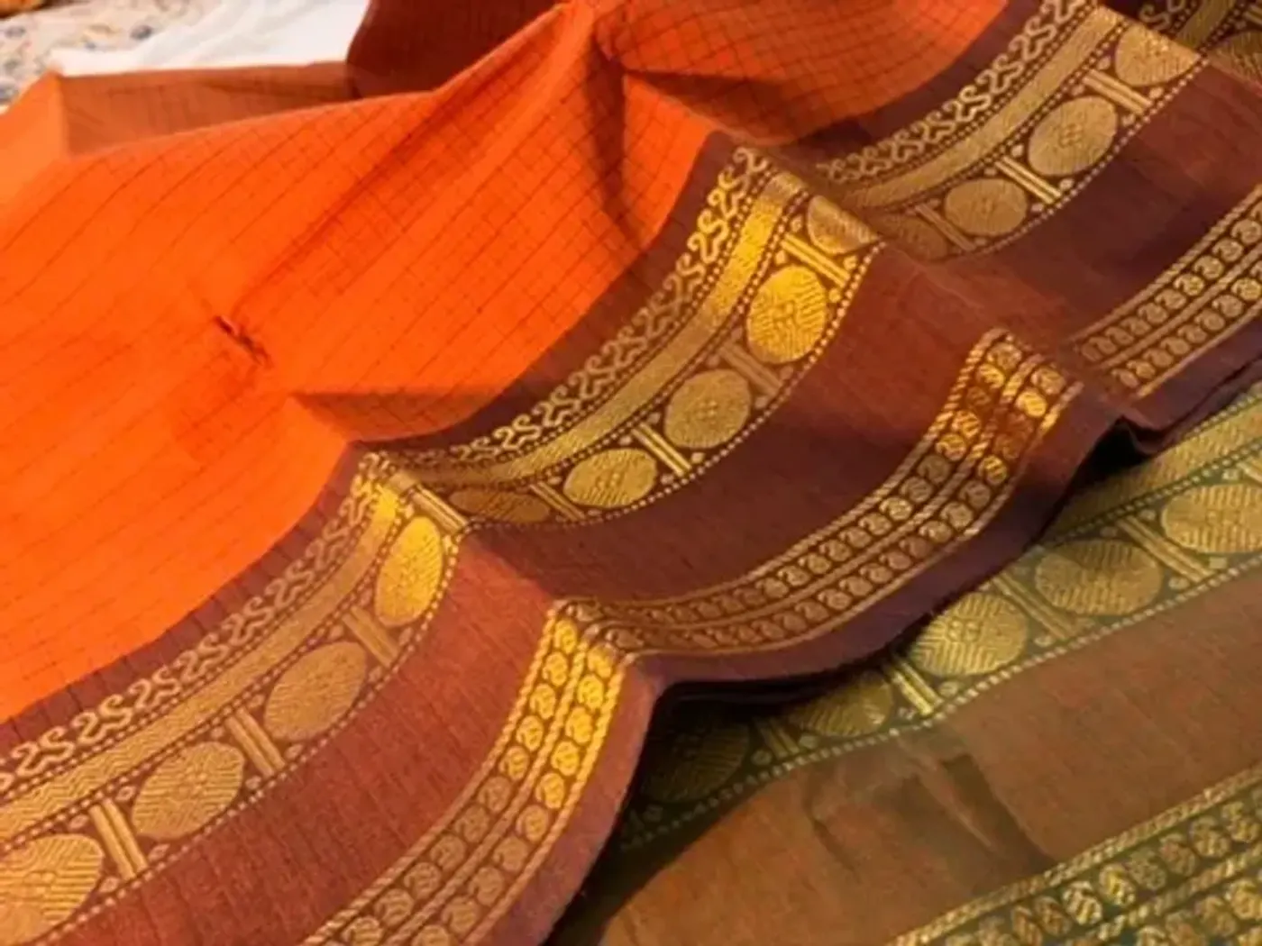 korvai cotton orange saree with green and brown border — 1