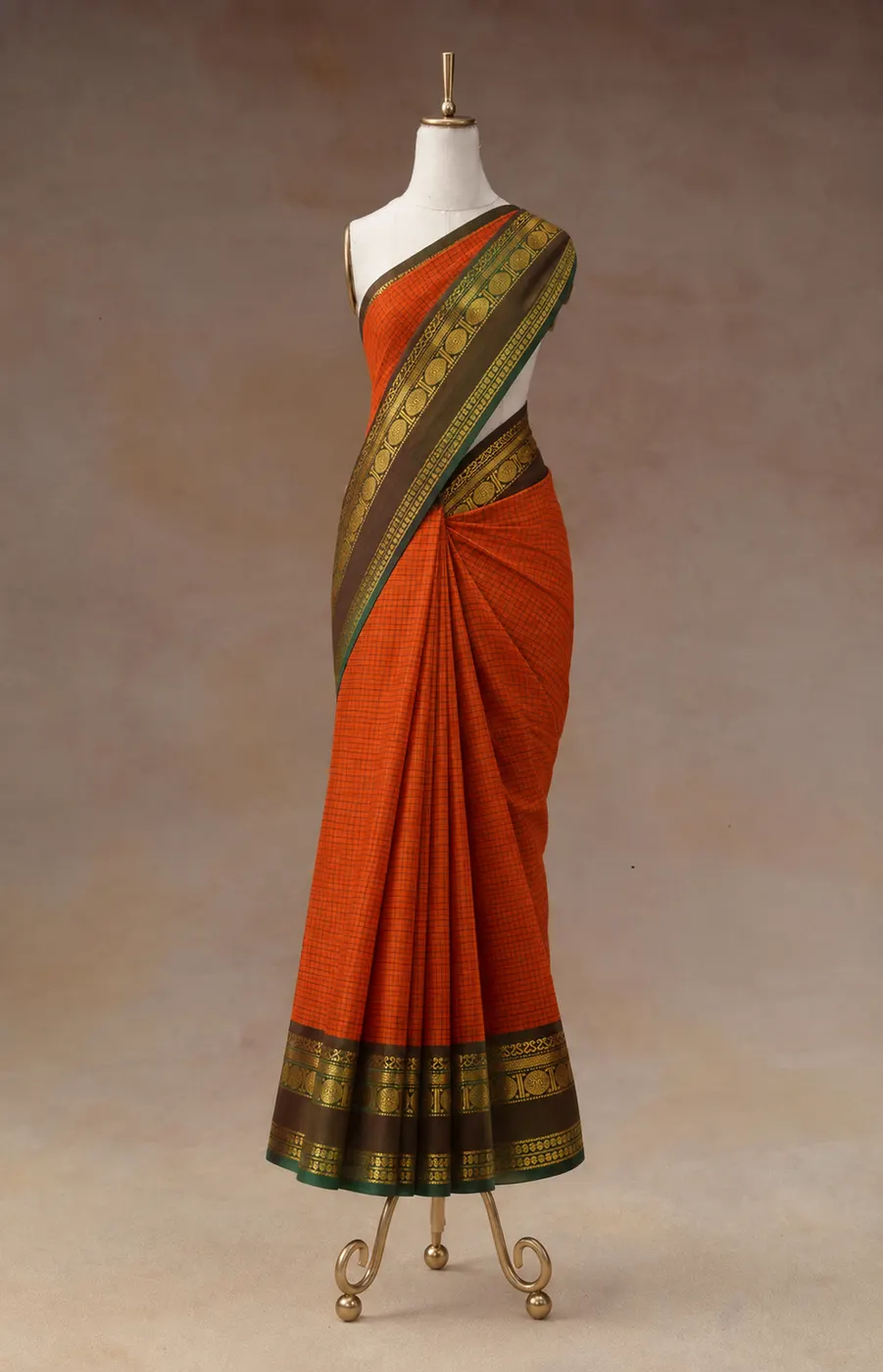 Korvai Cotton Orange Saree With Green And Brown Border — 1