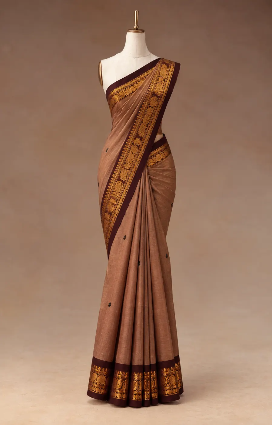 Mocha Brown & Dark Brown Kanchipuram Cotton Saree — 1