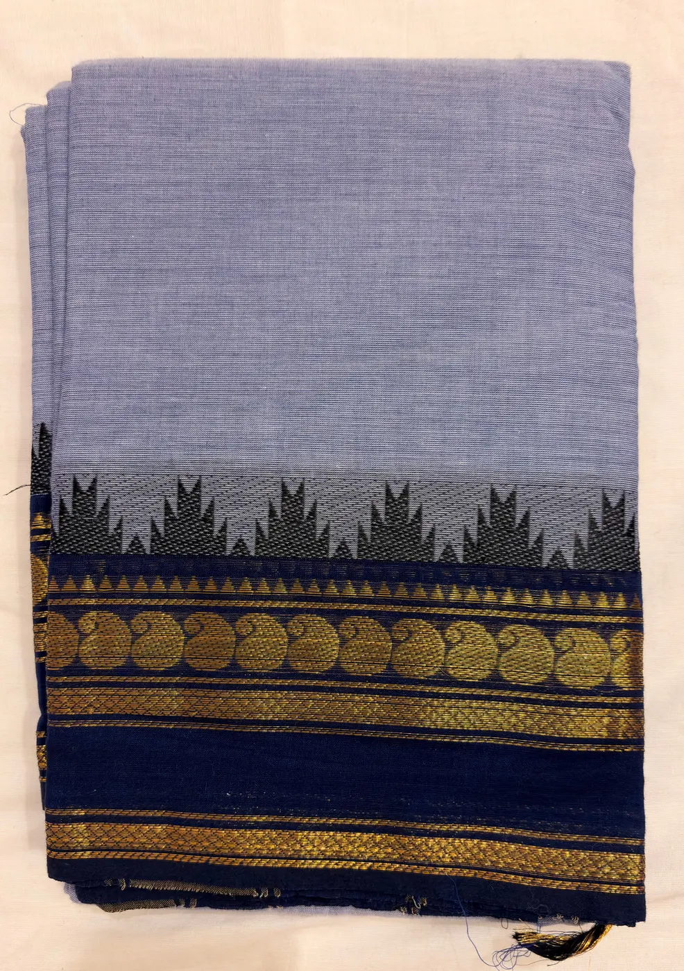 Kanchi Cotton Blue Gray Saree with navy blue Border — 2