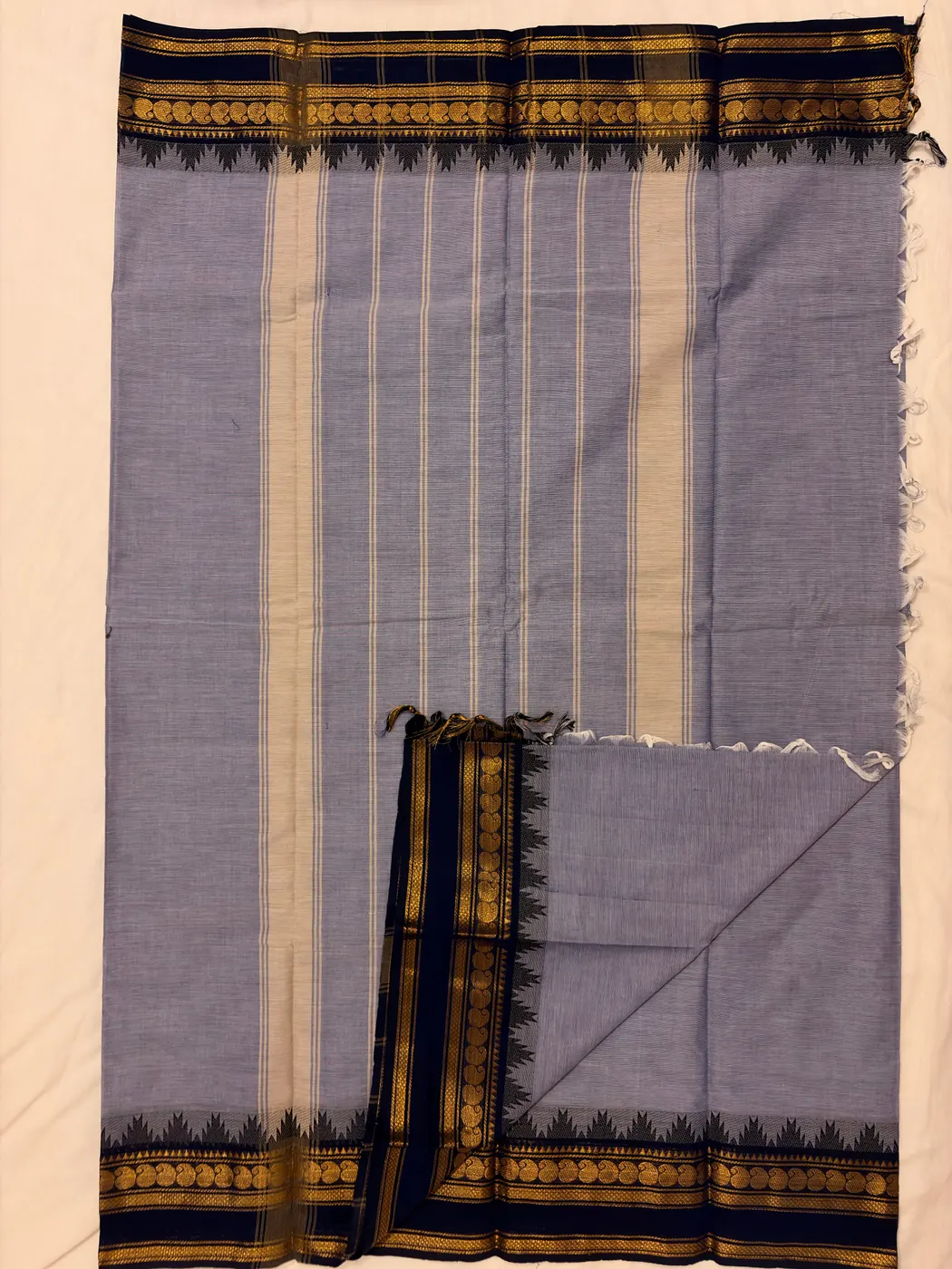Kanchi Cotton Blue Gray Saree with navy blue Border — 4