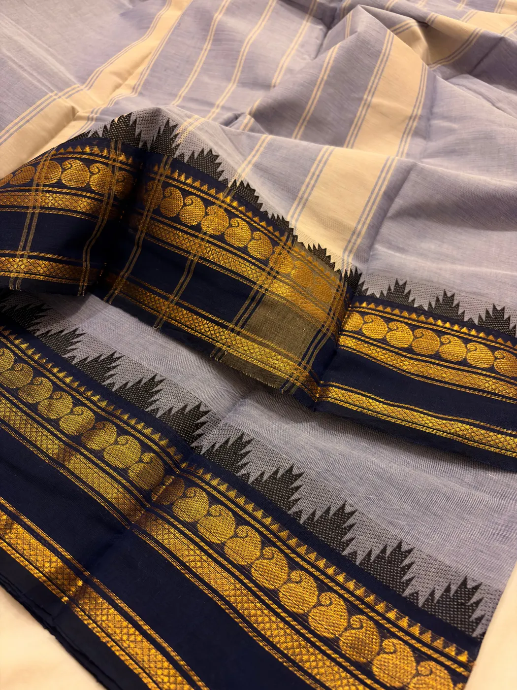 Kanchi Cotton Blue Gray Saree with navy blue Border — 3