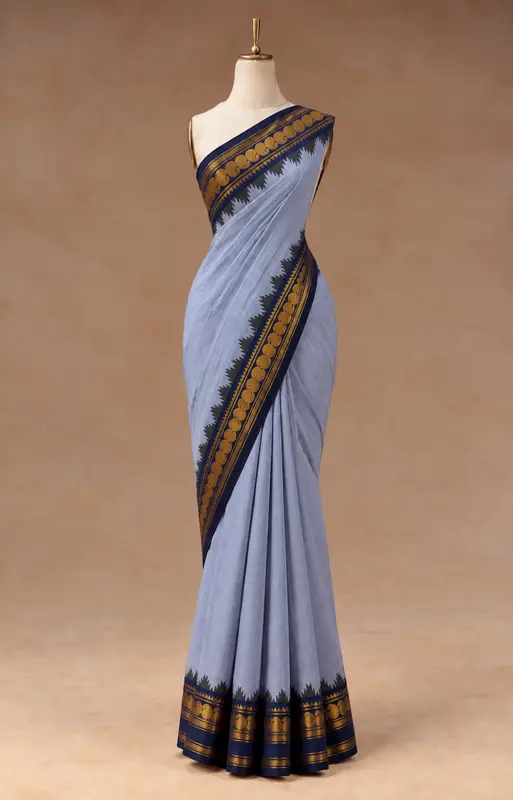 Kanchi Cotton Blue Gray Saree with navy blue Border