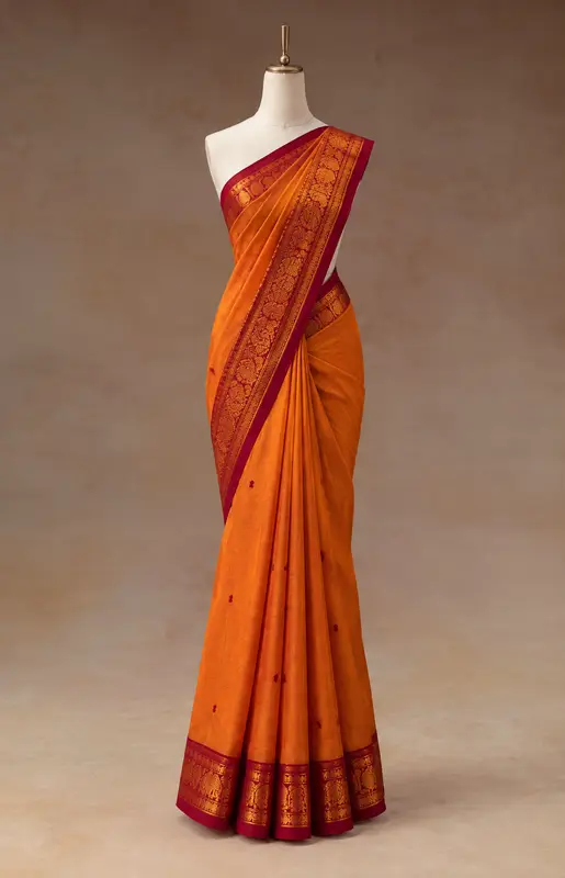 Orange & Red Kanchipuram Cotton Saree