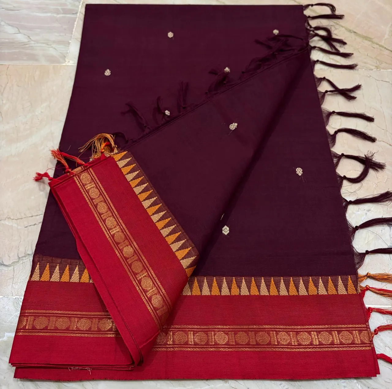 Kanchi Cotton Coffee Brown saree with Red Border and Cream Butta — 1