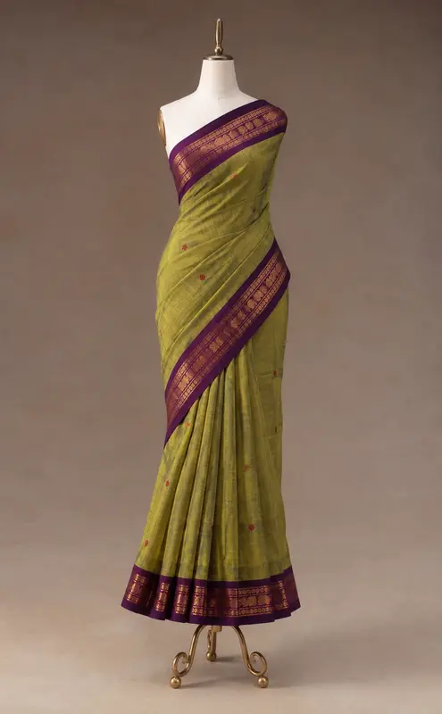 Kanchi Cotton Green Saree With Purple Border And Purple Butta