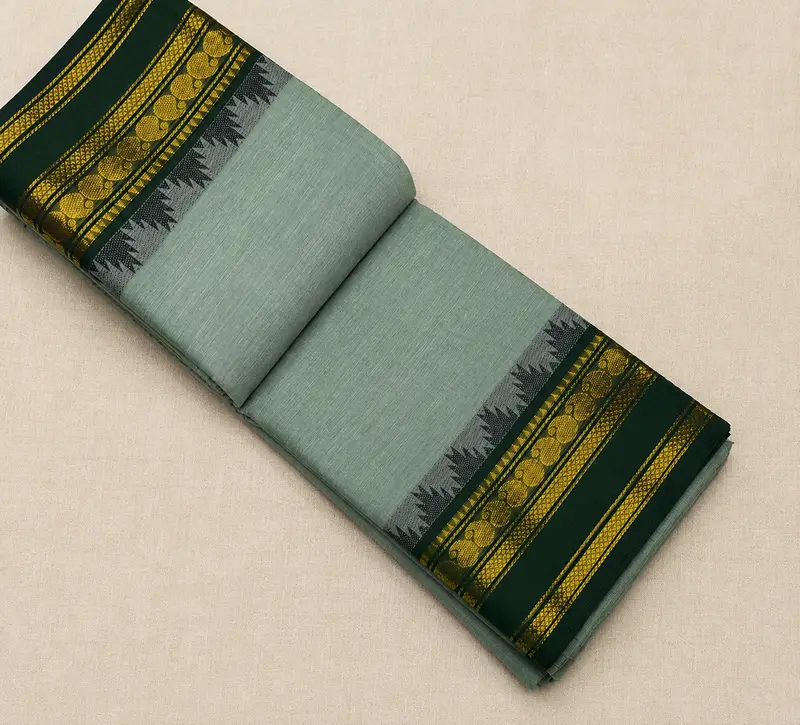 Kanchi Cotton Green saree With Dark Green Temple Border