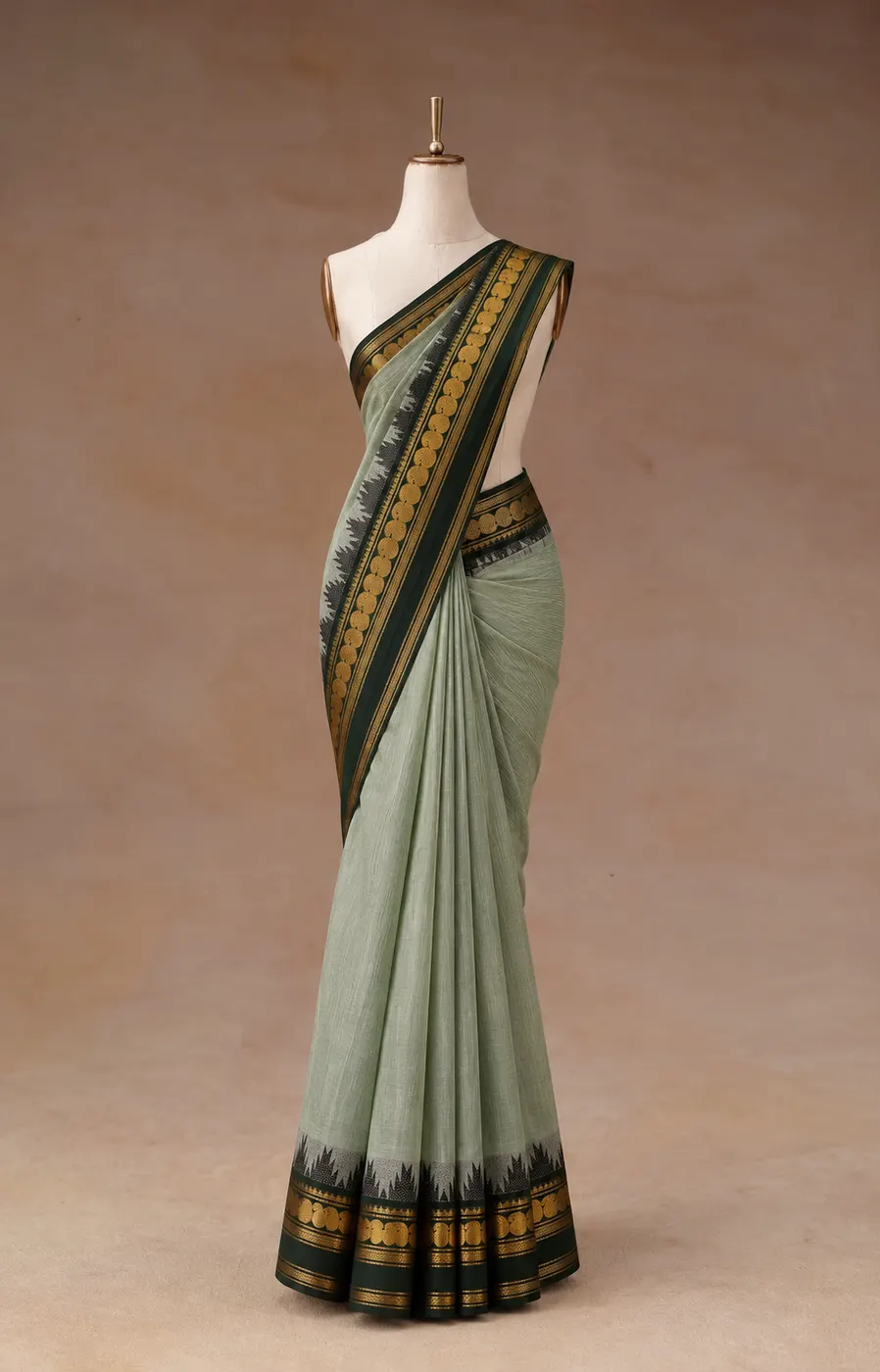 Kanchi Cotton Green Saree With Dark Green Temple Border — 1