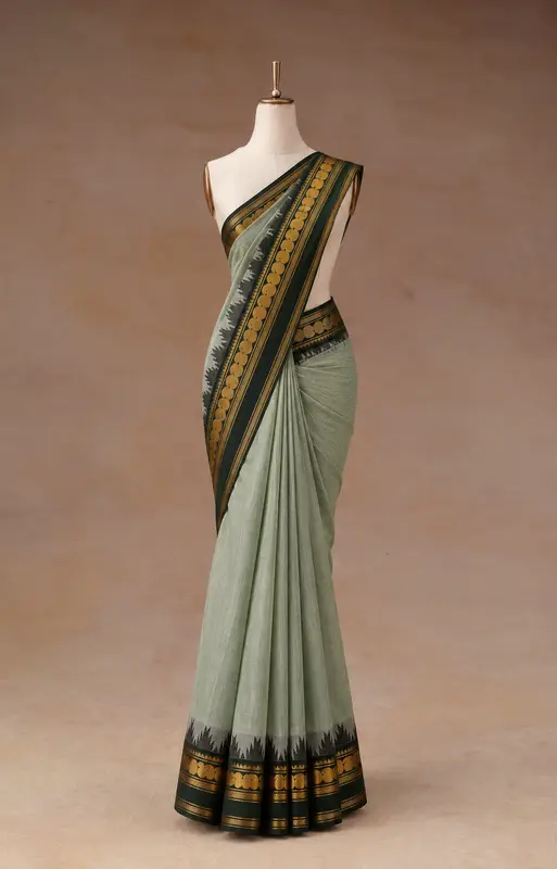 Kanchi Cotton Green Saree With Dark Green Temple Border