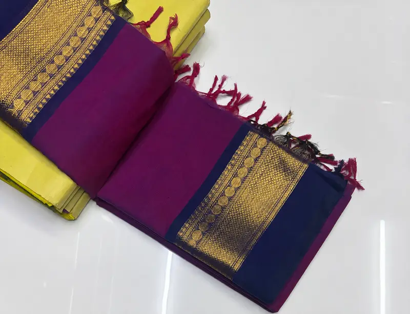 Kanchi Cotton Purple Saree With Dark Blue Motif Border