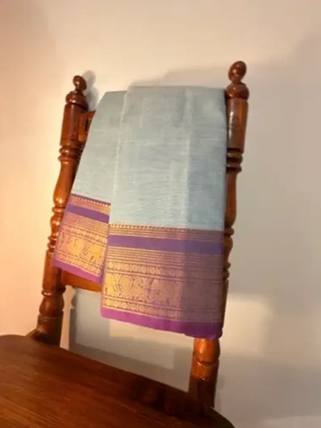 chettinad cotton blue gray saree with purple border — 3