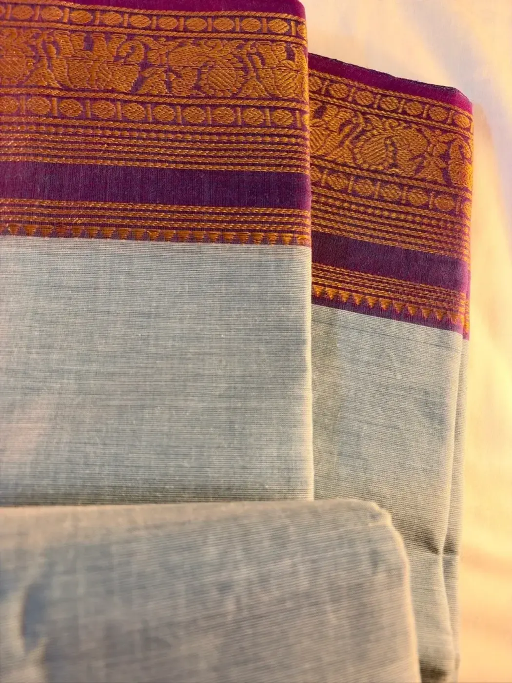 chettinad cotton blue gray saree with purple border — 2