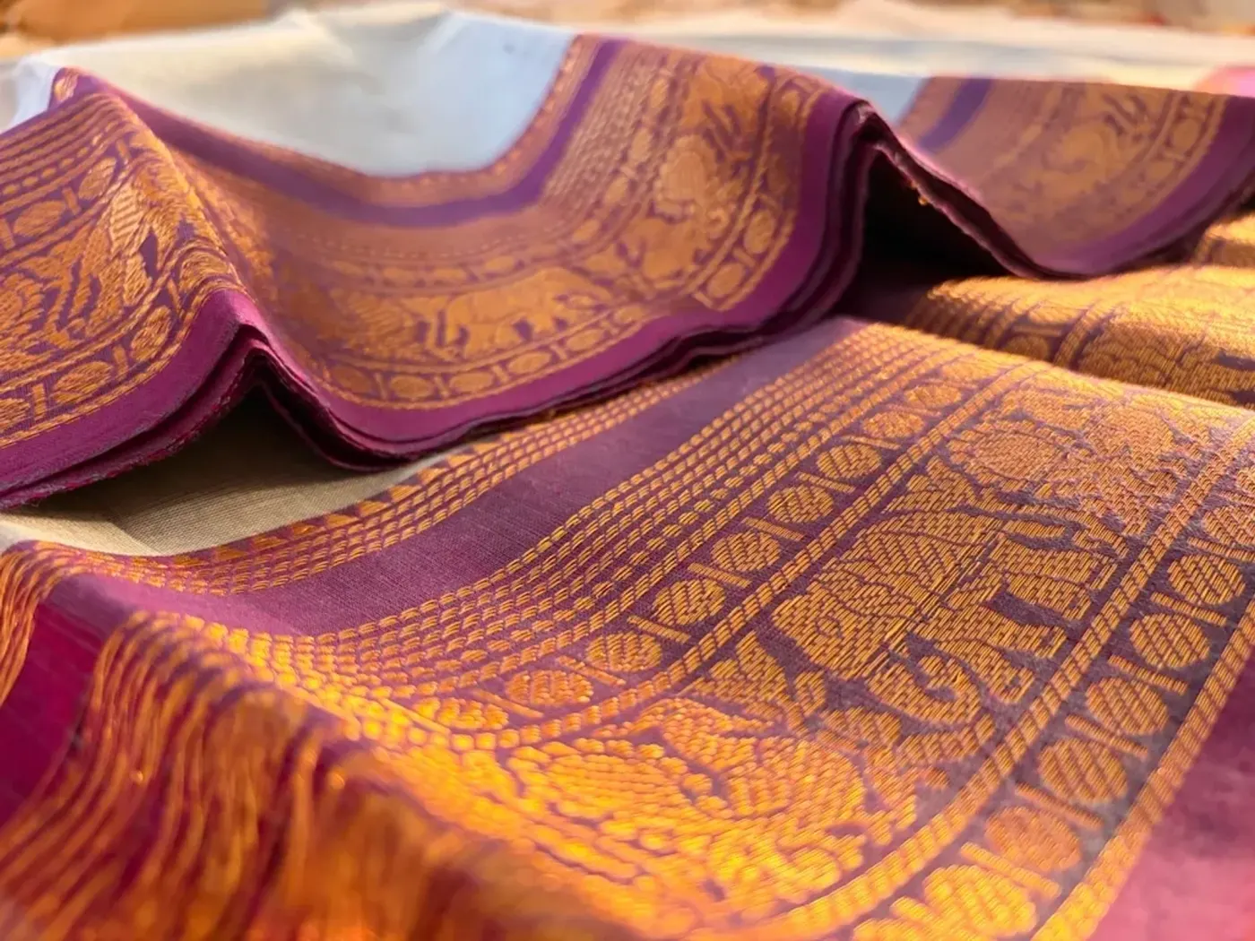 chettinad cotton blue gray saree with purple border — 4