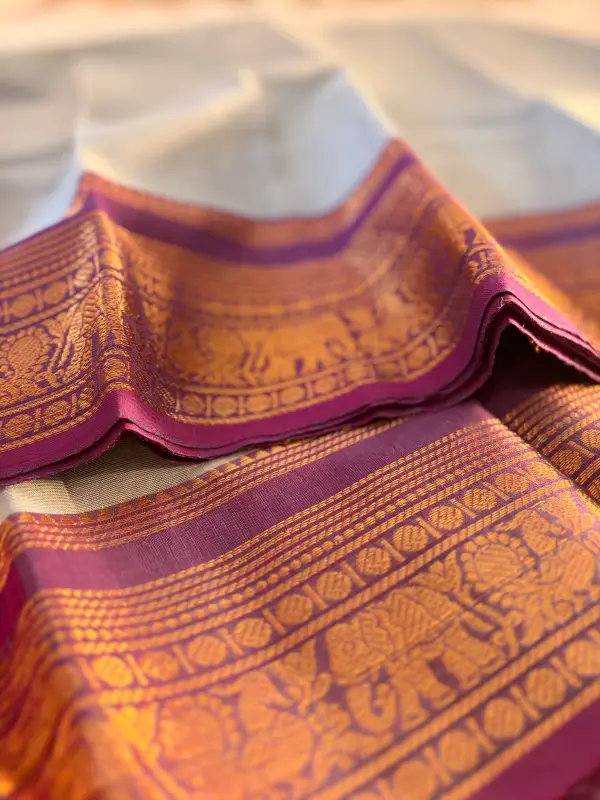 chettinad cotton blue gray saree with purple border